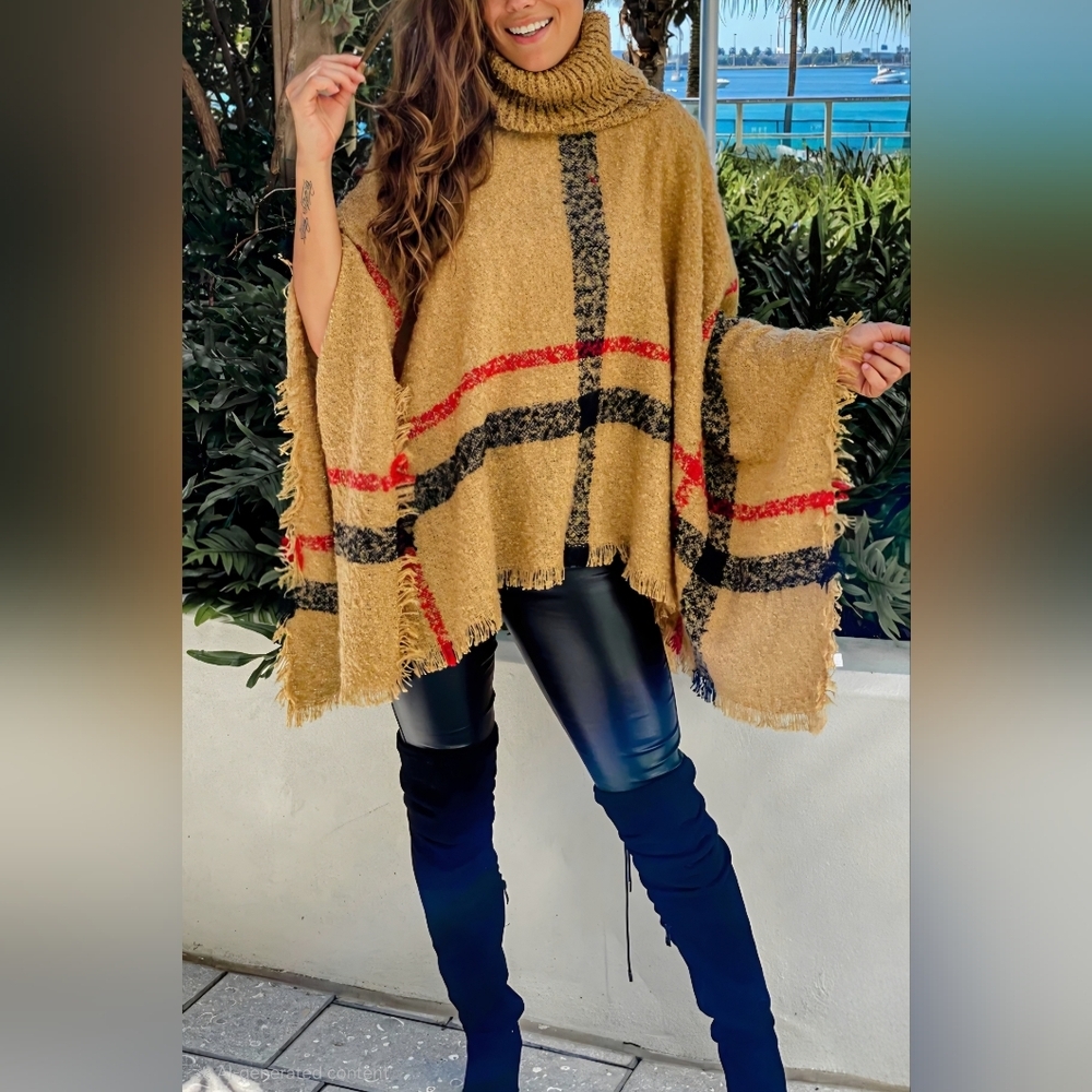 Tan Plaid Soft Turtleneck Sweater Poncho - Picture 3 of 3